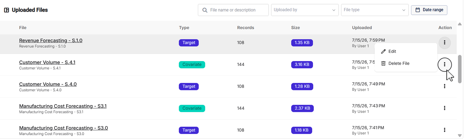 List of uploaded files with types, records, sizes, and actions available for each.